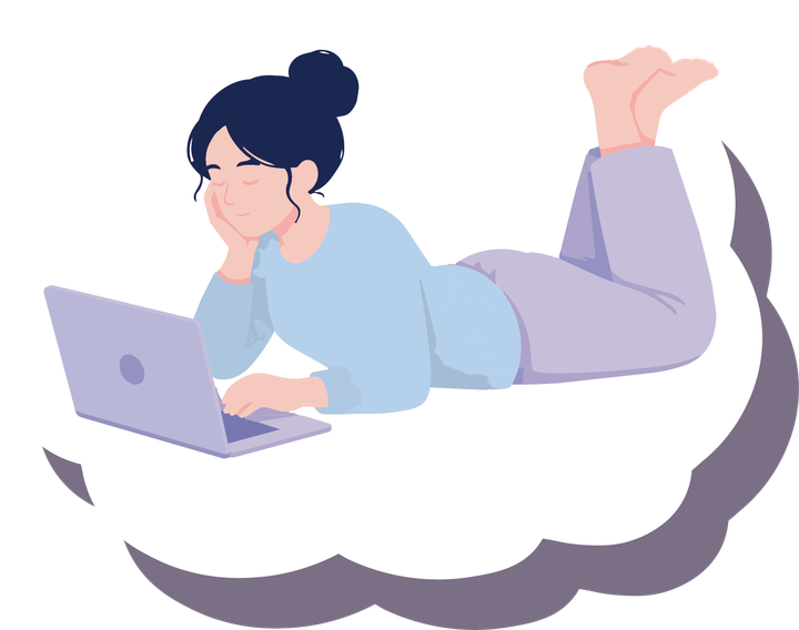 雲の上でノートPCを使う女性のイラスト