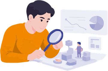 虫眼鏡でデータを見る人物のイラスト